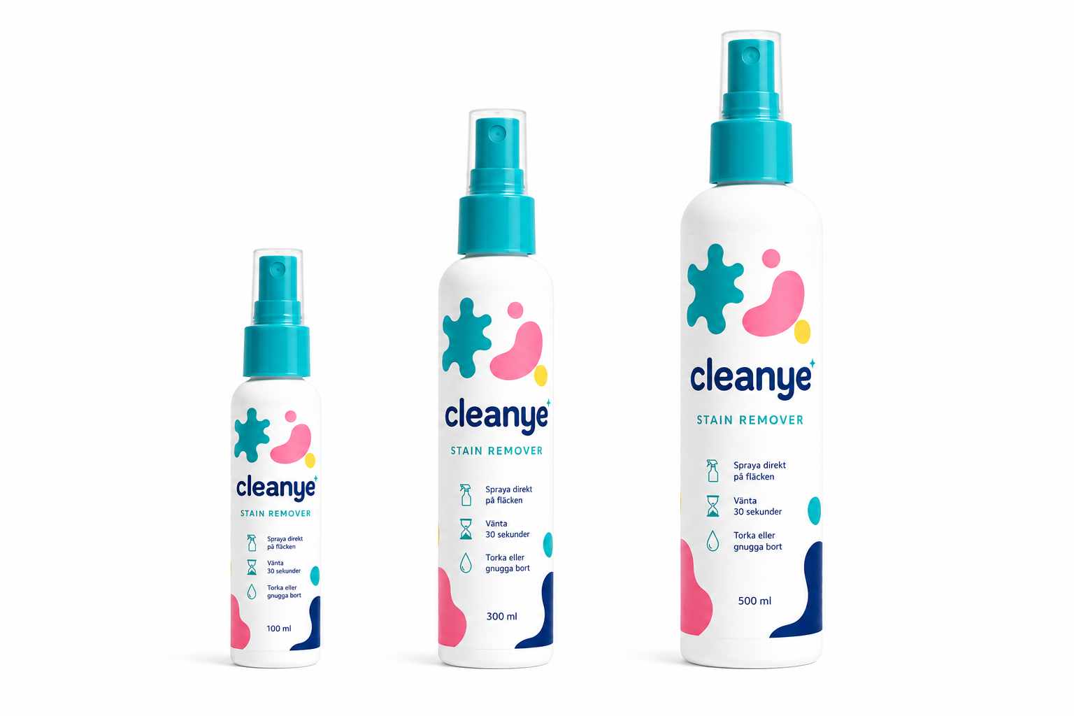 Cleanye stain remover bottles in 100ml, 300ml and 500ml